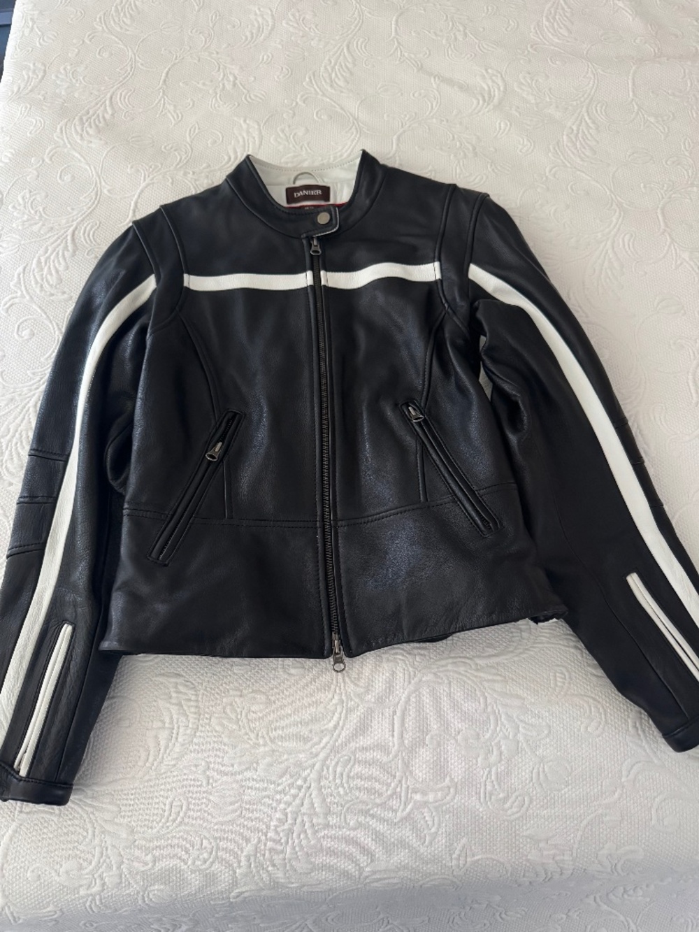 Danier Leather Genuine Leather Black and White Motorcycle Jacket